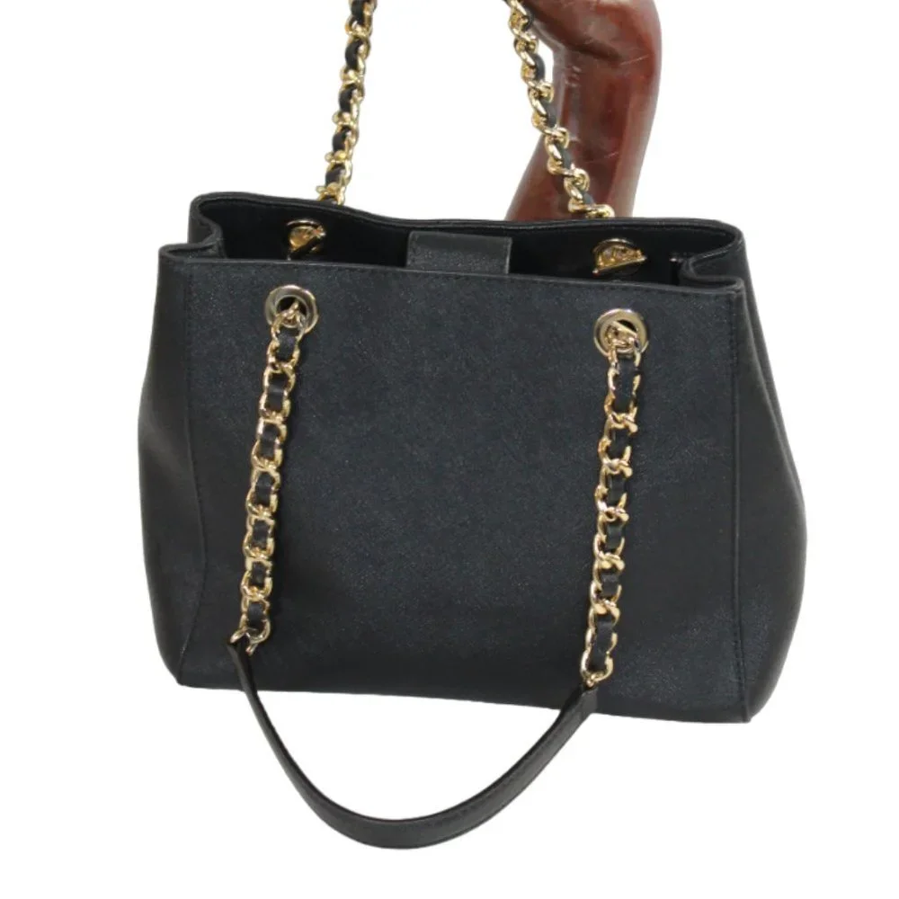 Michael Kors Susannah Black Saffiano Leather Structured Satchel Tote Gold Chain